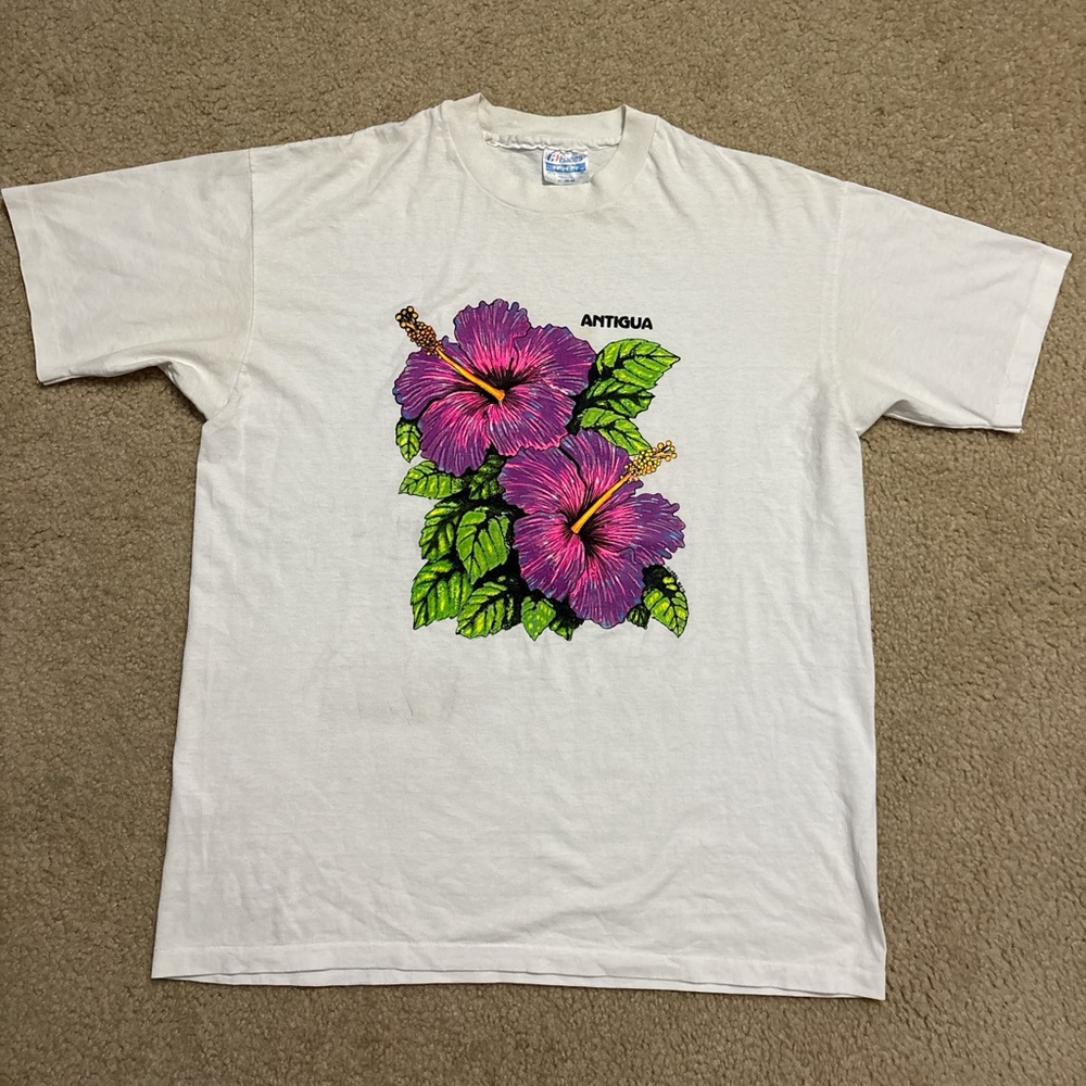 90s Hanes Antigua Cream Tee with Pink and Green Floral Design